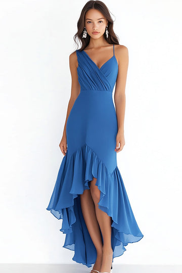 Blue Sheath Chiffon Ruffles Formal Dress